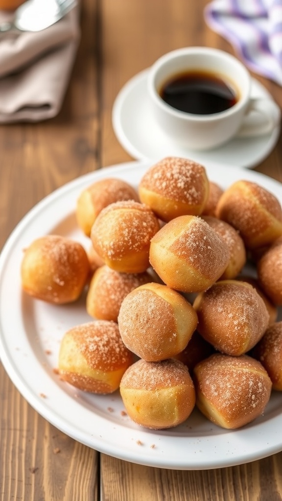 A plate of cinnamon sugar coated air fryer donut holes with a cup of coffee.